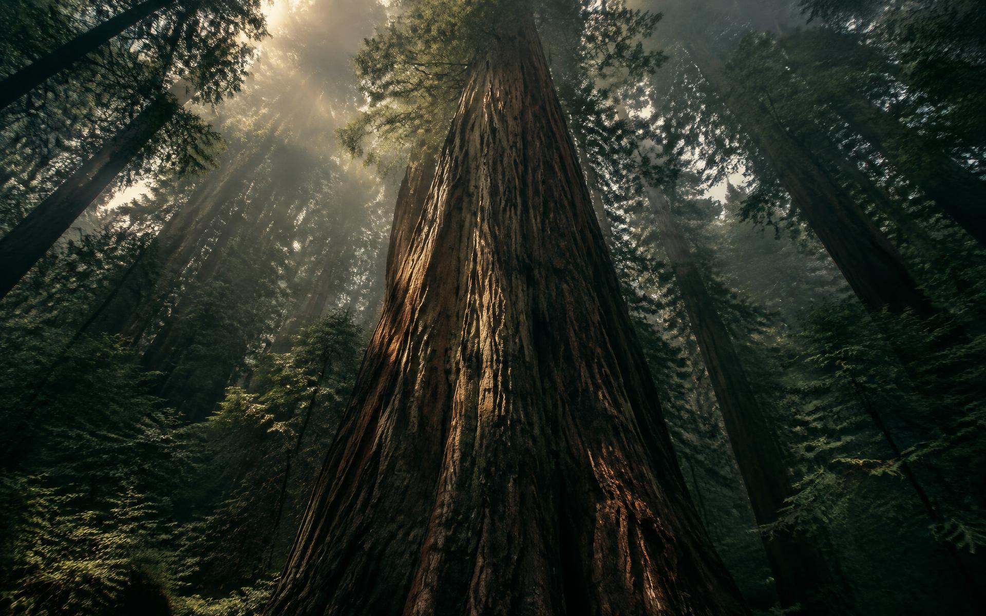 Sequoia gigantesca subindo na neblina